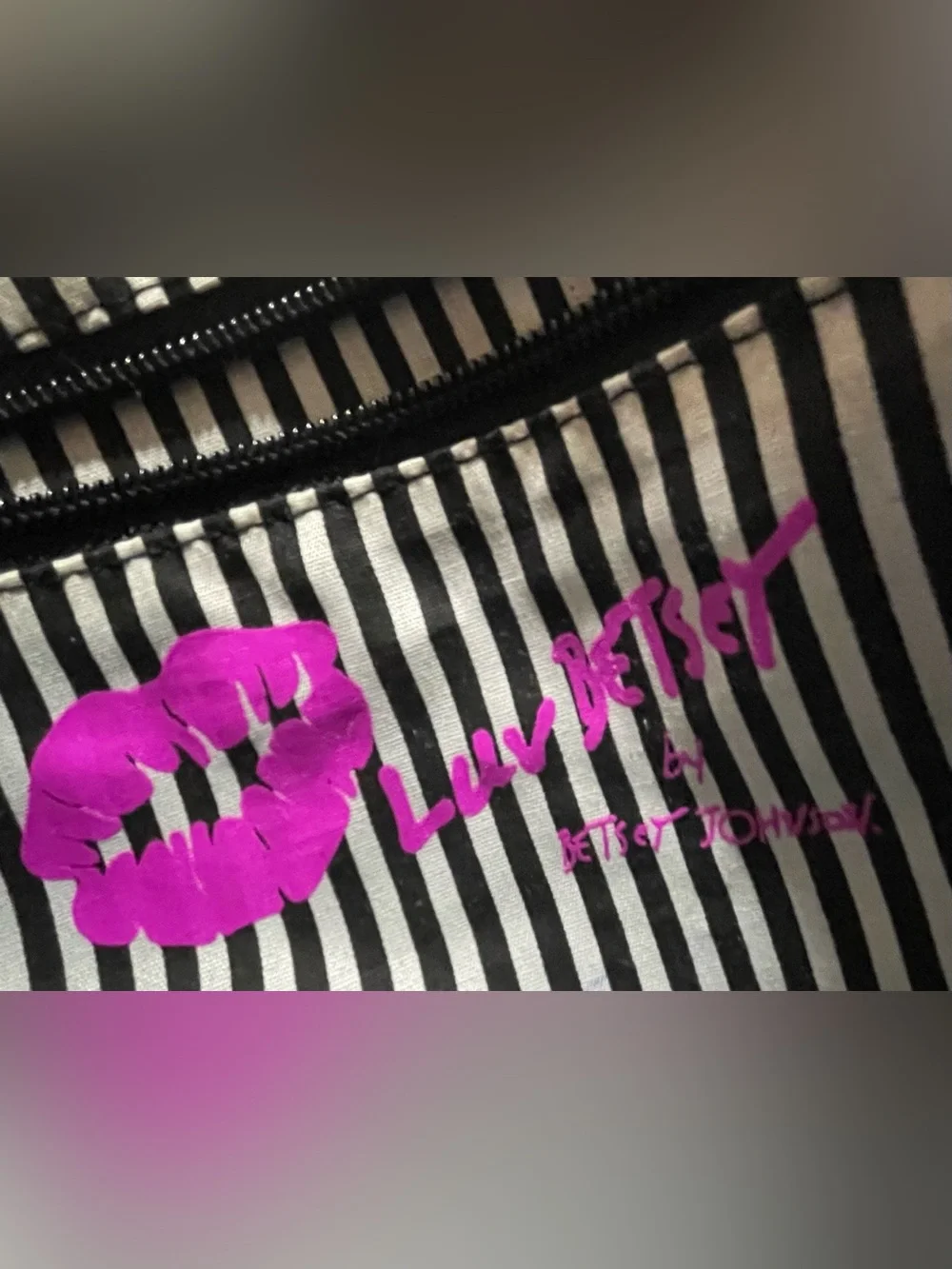 Betsey Johnson Striped Rose Floral Satchel Handbag w/Pom Pom (No Crossbody Strap